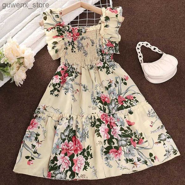 Robes de fille Summer Girls Long Jupe Polyester Square Collar Sous-soulège sans manches Lace Play Smocking A-Line Imprimer Robe plissée confortable Y240415Y240417535K