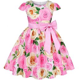 Girl s jurken zomermeisjes roze print jurk prinses bruiloft verjaardagsfeestje jurken satijnen kinderen vestidos voor meisje kerstkleding 230420