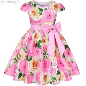 Girl's jurken Zomermeisjes Rose printjurk Princess Bruiloft Verjaardagsfeestje Frocks Satin Children vestidos jurken voor meisje kerstkleding W0314