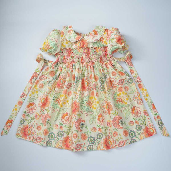 Robes pour filles Robes d'été à fleurs smockées faites à la main pour les filles 2021 enfants vintage princesse robe en coton âge 1 2 3 4 5 6 petite fille vêtementsHKD230712