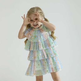 Vestidos de niña Summer Niñas Niñas Vestido Rainbow Vestido Princesa Princesa Estrella Sequin Capa Vestidos de fiesta Tulle 3-8t Girl Casual Daily Wear Vestidos 2K16