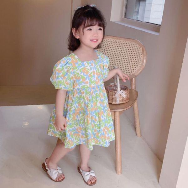 Vestidos de niña Verano Estilo coreano Moda Muñeca Hoja Impresión Lindo Puff Manga Niñas Vestido Niños Algodón Volver Bowknot Casual Princesa VestidosG