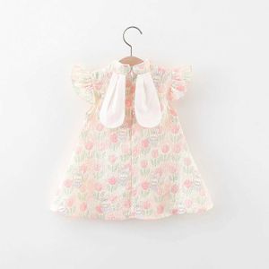 Girl's jurken zomer nieuwe babymeisje jurk kanten kanten kleine vliegende mouw tulpen klein konijnenpatroon cartoon chinese stijl cheongsam