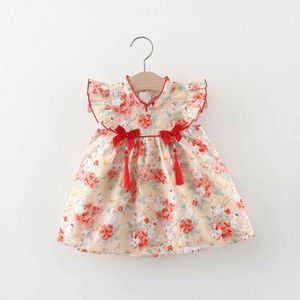 Girl's jurken zomer nieuwe babymeisjes jurk Chinese stijl boog kwastje cheongsam ketting kleine konijn bloem geprinte prinsesjurk d240529