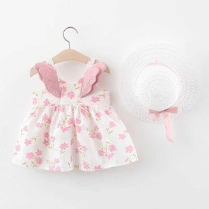 Meisjesjurken zomer nieuwe jurk meisjes ins kindercartoon vleugels kleine bloemen slip jurk zoete prinses jurk met hoed kinderdoeken