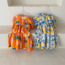 Meisjesjurken zomer nieuwe bloemen print meisjes kleding schattig katoenen korte mouw prinses jurken kinderkleding H240423