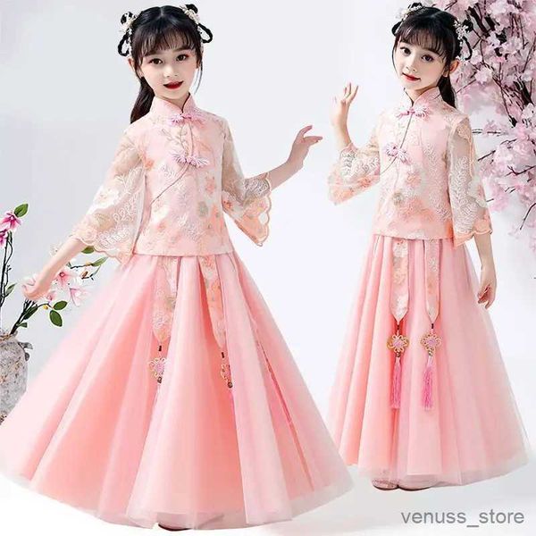 Vestidos de niña Verano Nuevo Vestido Hanfu para niñas Chinoiserie Vestido de princesa de moda Tang para niños Bebé Antiguo Dos piezas Chil japonés y coreano