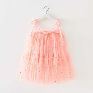 Meisje Jurken Zomer Nieuwe Meisjes Sneeuwvlok Prinses Jurk Pailletten Mesh Lace-up Baby Boog Baljurk