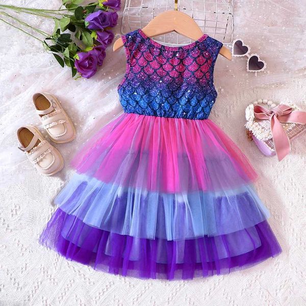 Vestidos para niñas Summer NUEVA Mermaid sin mangas Mesh Gradiente de pastel de princesa Vestido para chicas de la escuela primaria y secundaria