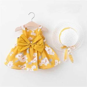 Robes de fille Été Nouveau-né Bébé Filles Fleurs Robe Enfants Princesse Mignon Imprimé Coton Sans Manches Robes De Plage Sunhat Vêtements Ensemble Z0223