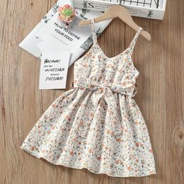 Vestidos de niña Princesa de verano Niños Niñas Vestido de vacaciones 0-5Y Flores impresas Sin mangas Cuello en V Hasta la rodilla Vestido de tirantes con cinturón