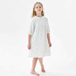 Robes de fille Robe en coton blanc imprimé d'été pour enfants et filles âgés de 3 à 16 ans à la mode 3/4 avec robe de doublure en coton pour enfants et adolescents D240520