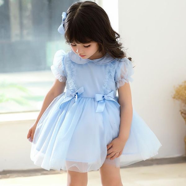 Robes pour filles Robe de bal princesse d'été espagnole pour enfants avec nœud et volants Mesh Splice Fête d'anniversaire Pâques Manches courtes Robe Lolita pour filles A309 230718