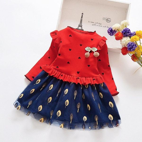 Vestidos de niña Vestido de suéter Niñas Vetement Enfant Fille Ropa Ni?a Roupas Infantis Kiz Cocuk Giyim Floral Patchwork Tul Manga larga