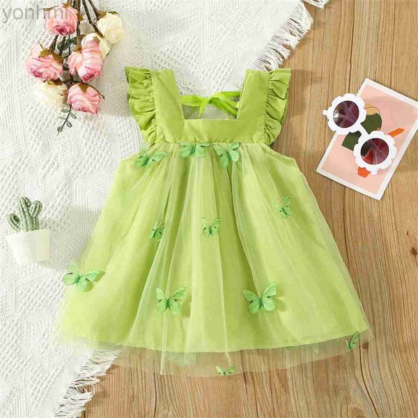 Robes de fille Douce de beauté Robe pour enfants 2023 Été Nouvelle couleur unie à base de papillon 3D Broiderie Mesh Flying Sleeves Daily Knee Longueur 0-3 ans D240423