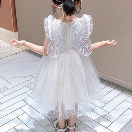 Girl's jurken Sweet Girls Princess Dress Dot Print Ruffled Short Sleeve Tutu Avond Ball Jurk met Butterfly WingsGirl's