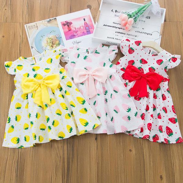 Robes de fille Sweety Toddler Girls Casual Bowknot Strawberry Print Dress Summer Party Princesse Enfants Bébé O-cou Ruché A-Line Vestir