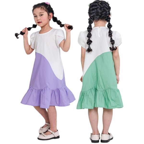 Abiti da ragazza Adolescenti Color Block Princess 2022 Summer Kids Casual Cotton Loose Midi Dress Abbigliamento per bambini piccoli 9 12 14 15 16Girl'