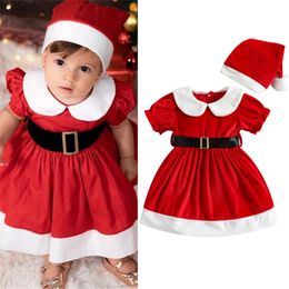 Girl's jurken peuter babymeisjes Kerstmis Aline Red Kort Mouw Dollar Princess met Belt Hat Xmas Outfit 221125