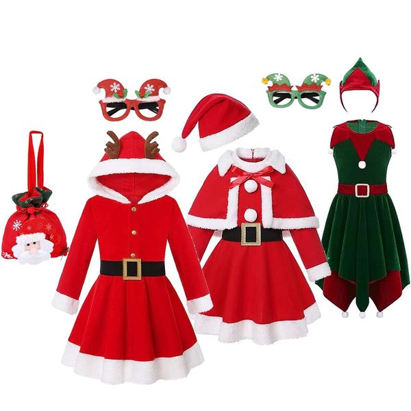 Robes de fille Enfant Bébé Filles Noël Elk Costume À Capuchon Rouge Père Noël Robe De Princesse À Manches Longues Avec Ceinture Chapeau Châle Tenues De Noël 231110