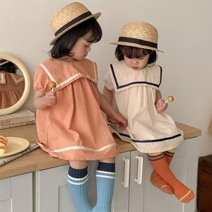 Vestidos de niña Niño Bebé Niñas Verano Manga corta Vestido suelto Colegio Azul marino Estilo marinero Solapa Rayas Botón acampanado Infantil JE21 21 gotas