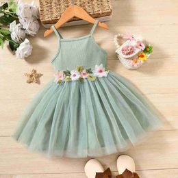 Girl's jurken peuter meisje zoet bloemende decor geribbeld paneel mesh overlay jurk geschikt voor zomerseizoen zacht en comfortable2404