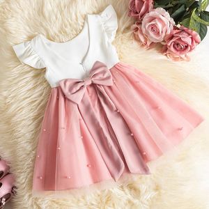 Vestidos de niña, vestido de tutú para niñas pequeñas, fiesta de encaje, boda, cumpleaños para niña, lazo de perlas, ropa para niños, ropa informal, ropa para niños