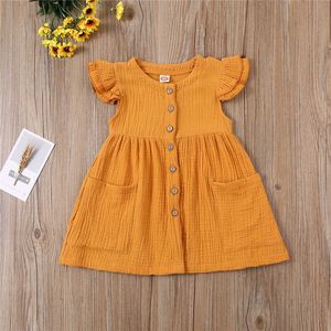 Robes de fille Enfant Enfant Bébé Fille Robe D'été Volants Manches Coton Lin Fête Enfants Filles Casual Bouton Poche Robe Vêtements