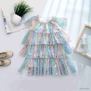 Robes de fille Enfant Enfants Filles Robe Rainbow Star Imprimer Net Fil Pull Robe Été Sans Manches Couches Princesse Gâteau Robe