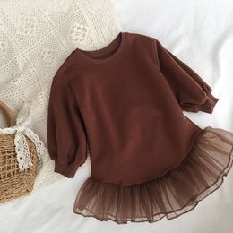 Girl's jurken peuter lange mouw casual met kant unqiue ontwerp baby outfits kinderen s lente herfst kleding 230214