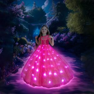 Meisjesjurken Uporpor Meisjes Doornroosje Aurora Cosplay LED-jurk Korte mouw Off-shoulder Kind Kerstcadeau Fancy Party Prinsessenkostuum 231128