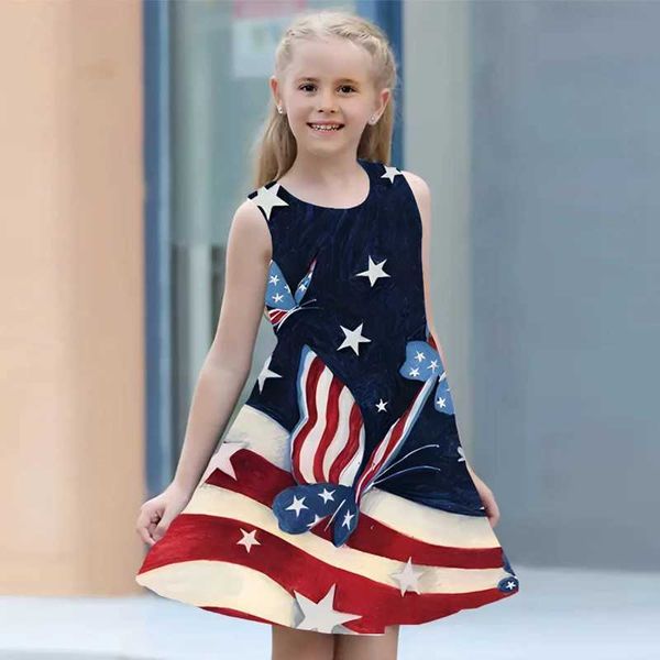 Robes de fille Us Flag Independence Day Girls Robe Summer 2024 Childrens Vêtements sans manches