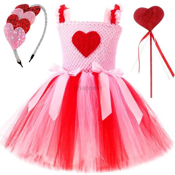 Vestidos de niña Vestidos de princesa de San Valentín para niñas trajes de ballet de corazones dulces Tutús para niños disfraz para fiestas de cumpleaños de un lazo para varita para el cabello 240315