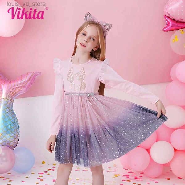 Vestidos de niña Vikita Girl Vestido de invierno Otoño Gradiente de manga larga Princesa Mesh Vestido de tul para niños Dibujos de conejo elegantes T240415