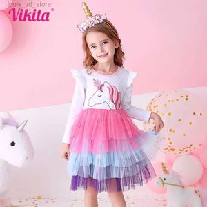 Girl's jurken Vikita Girl Dresses Autumn Long Sleeve Sequins Vestidos Kerst verjaardagsfeestje Mesh Princess Dress Children Kleding T240415