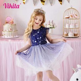 Vestidos de niña Vikita Girl Gradient Dress Childrens Mangas de llamas Summer Vestido universo Star Print Princess Mesh Tulle Party Destino D240520