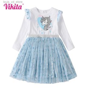 Girl's Jurken Vikita Girls Blue Dress Kids Flare Sleeve Herfst Spring Print Dress Girl Star Parns Elegante Princess Patchwork Dresses T240415