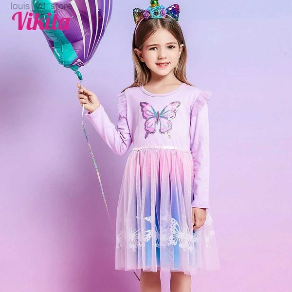 Vestidos de niña Vikita Girls Butterfly Vestidos de lentejuelas para niños Púrpura Princesa Mesh Tulle Elegante Boda de cumpleaños Gradiente Vestidos de manga larga T240415