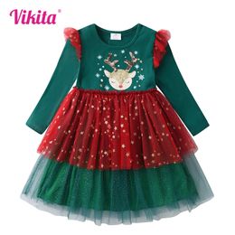 Robes de fille VIKITA Filles Année de Noël Enfants Elk Flocons de neige Imprimer Manches longues Automne Hiver Princesse Robe de mode mignonne 3 12 ans 231124