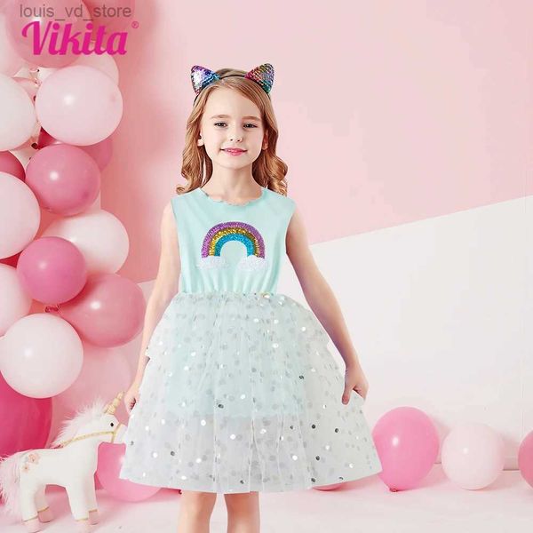 Vestidos de niñas Vikita Girls Dress MANEVELESS Kids Rainbow Sequined Summer Dress Girls Casual Daily Blue Mesh Tulle Princess Vestidos T240415