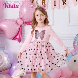 Robes de fille Vikita Kids Robes pour filles manches longues Butterfly Girls Snowflake Sequins Costume Princess Dress Kids Kids Daily Clothes T240415