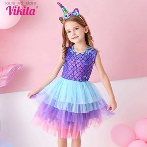 Girl's jurken Vikita Kids Mermaid Print Mouwloze jurk Girls Birthday Party Performance Princess jurken meisjes mesh gelaagde cake tutu jurk T240415