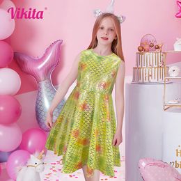 Robes de fille VIKITA Enfants Summer Robe sans manches Enfants Sirène Motif Imprimer Mesh Tulle Robes Enfants Fête d'anniversaire Soirée Robes de plage 230320