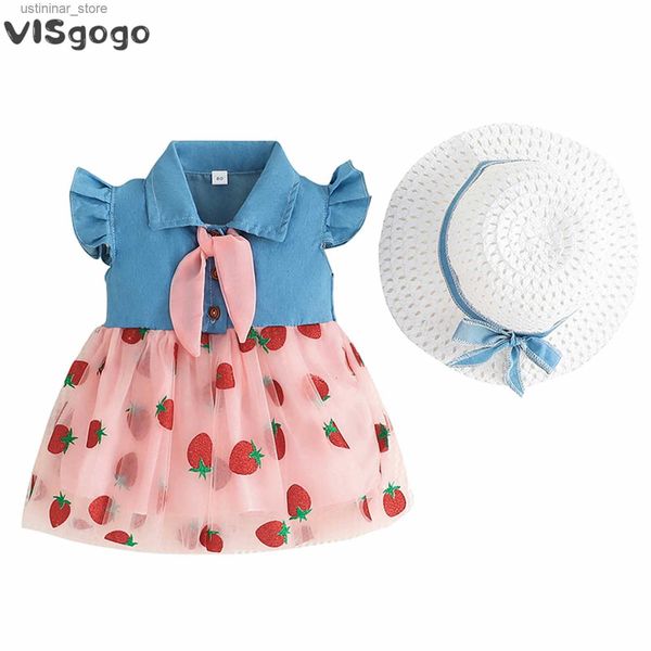 Robes de fille visgogo bébé robe fille mignon tenues d'été bouton de manche de mouche à cravate décor denim patchwork en mailles