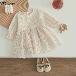 Robes de fille Visgogo Baby Girls Rober Rober Rober Long Manche à manches longues Round Patchwork High Lace Lace Floral Party Princess Robe D240425