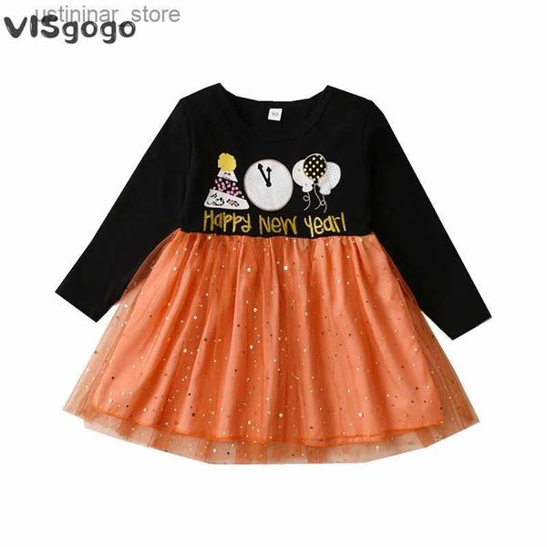 Robes de fille Visgogo Kids Girl New Ye Robe LETHERNE LETTER LETTRE IMPRESSION PRIME MESH ROBE A-LINE POUR LE TODDLER BÉBÉ Bébé d'automne Spring Vêtements décontractés L47