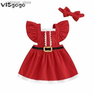 Girl's jurken Visgogo Toddler Girls Kerstjurk Ruches Mouw Belt Front Dress met booghoofdband 2pcs Baby Santa Xmas Party Outfit L47