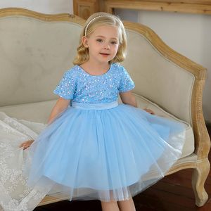 Robes de fille WD Cute Girl Anniversaire Fête Enfants Vêtements Col rond Manches courtes Paillettes Beauté Pageant Robe Fleur Mariage Puff