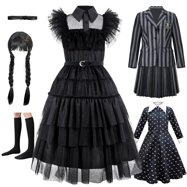 Robes de fille mercredi dentelle noire Halloween habiller la fête d'anniversaire de la fille robe de performance fille robe de jeu de rôle 4-12 ans 230818