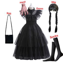 Vestidos de niña Miércoles disfraz de niña para carnaval Halloween Eventos negros Vestido de cosplay Copa de fiesta de la noche Vestido gótico 3-12T 230801